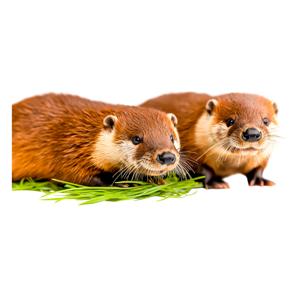 Two Playful River Otters Relaxing on Grass by the Water's Edge png