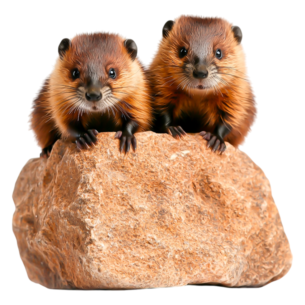 Two Playful Otters Posing Together on a Large Rock in Nature png