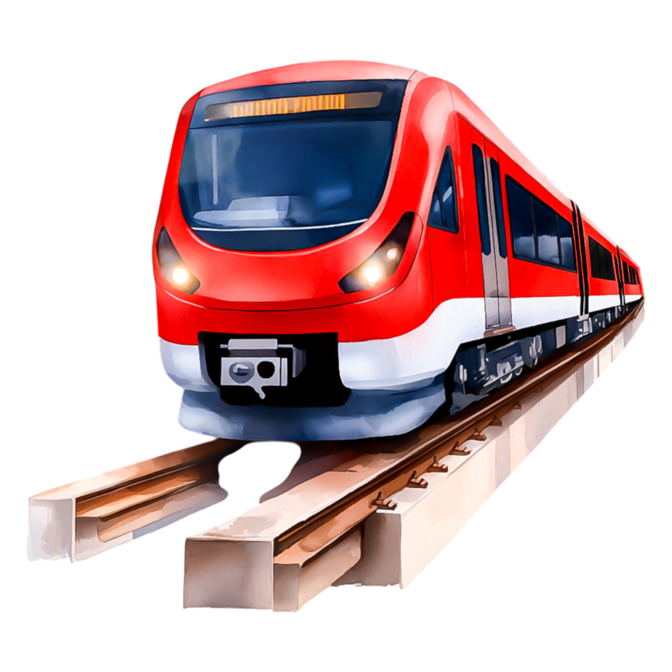 Bright Red Train Approaching on Railway Track with Modern Design png