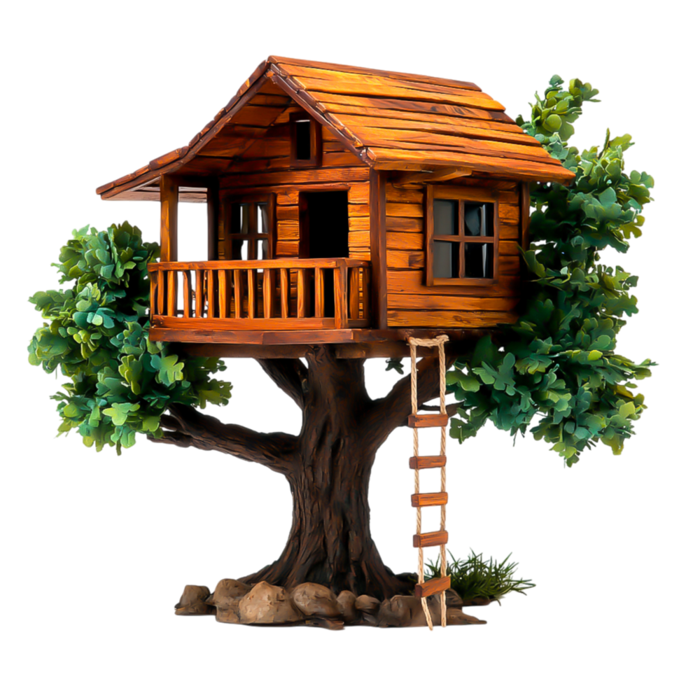 Charming Rustic Tree House with Wooden Ladder Surrounded by Greenery png