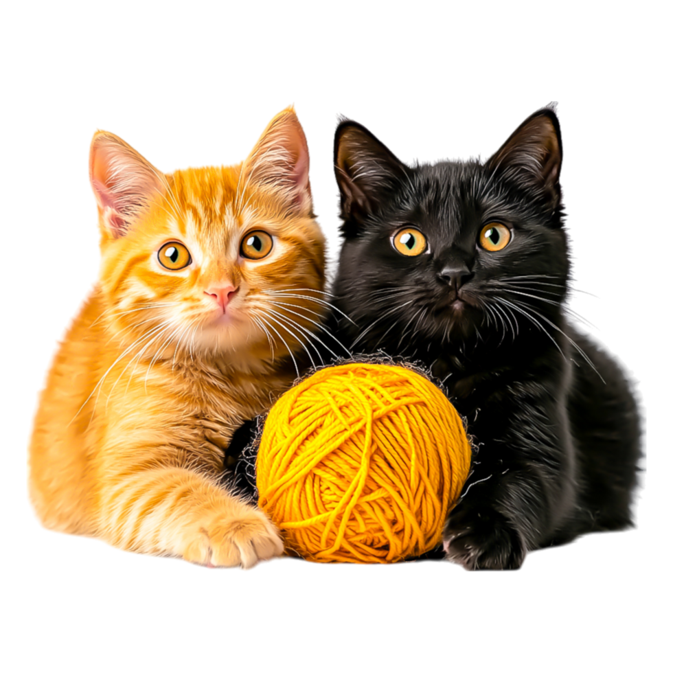 Adorable Orange and Black Kittens with a Yellow Yarn Ball png