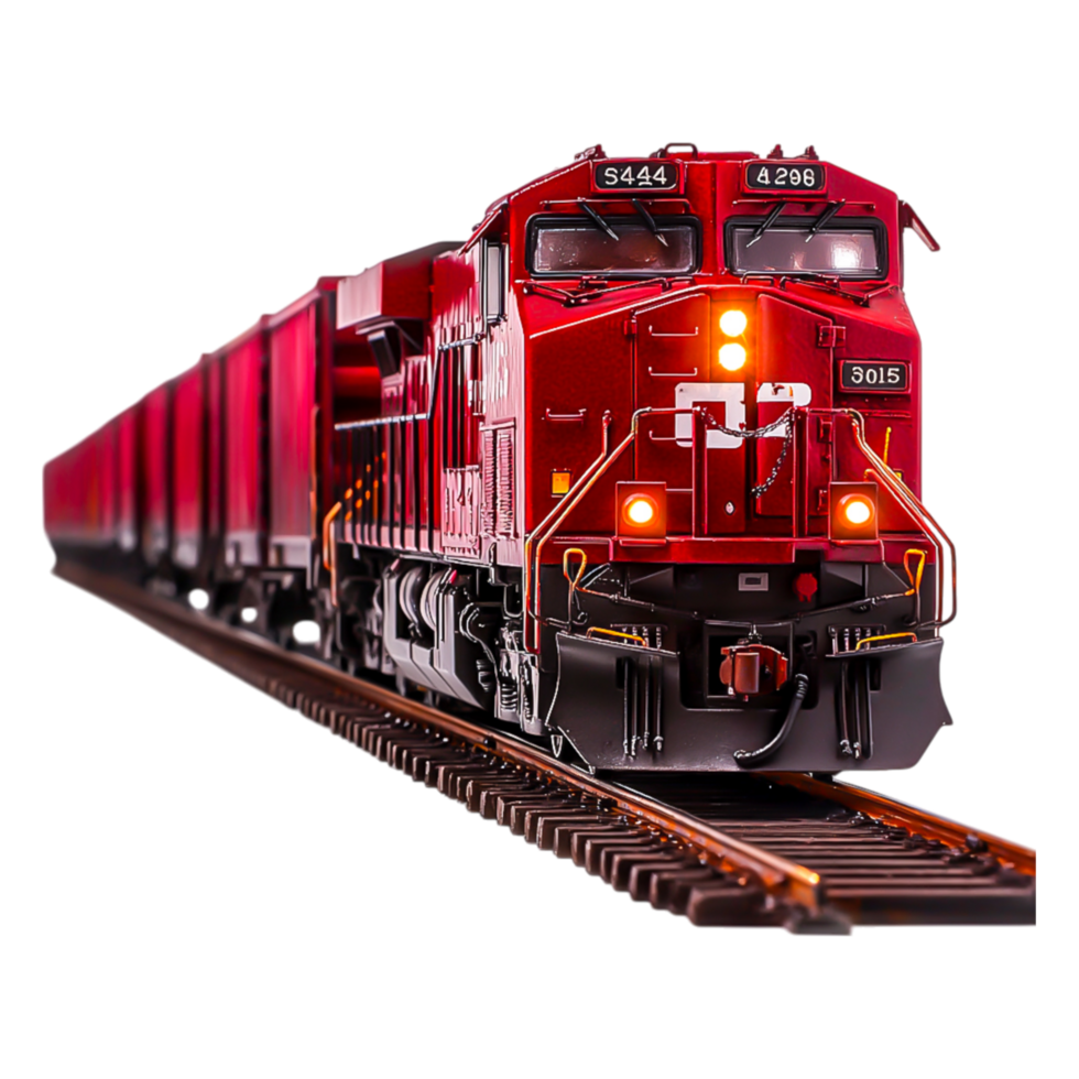 Red Locomotive Passing Through Scenic Landscape with Vibrant Colors png