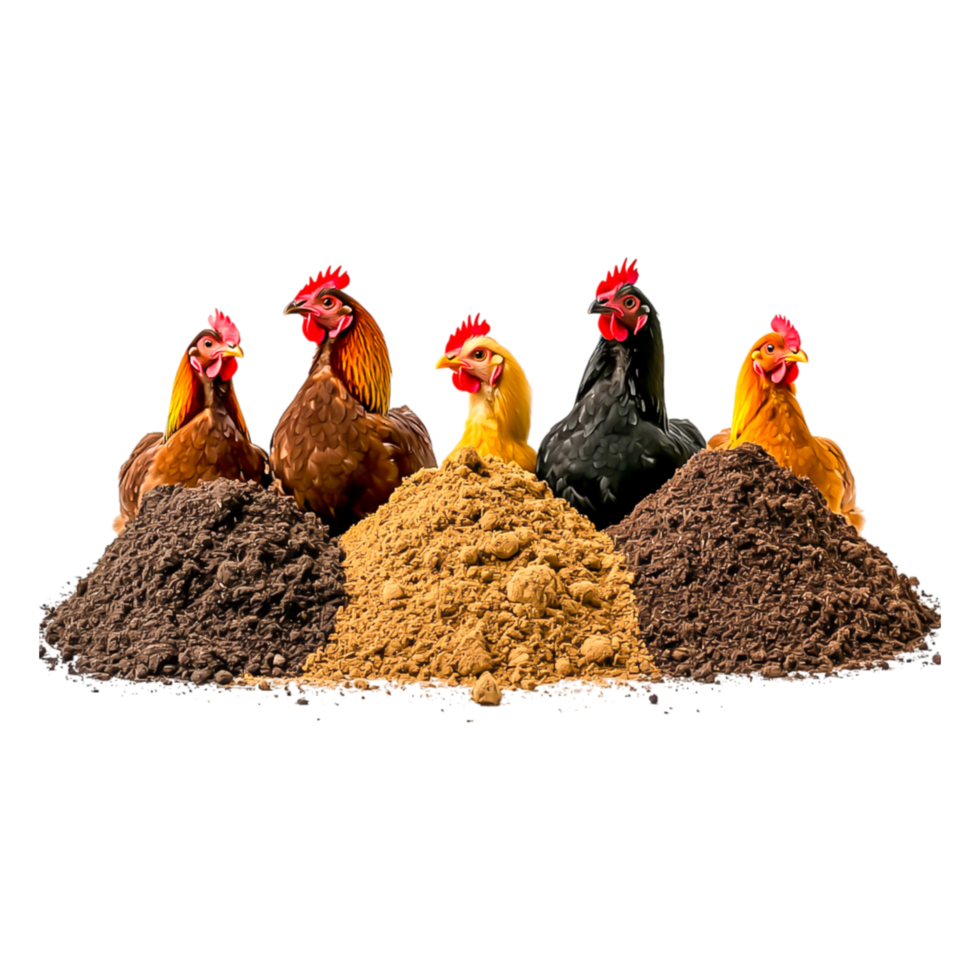 Chickens with Piles of Soil in Vibrant Garden Setting png