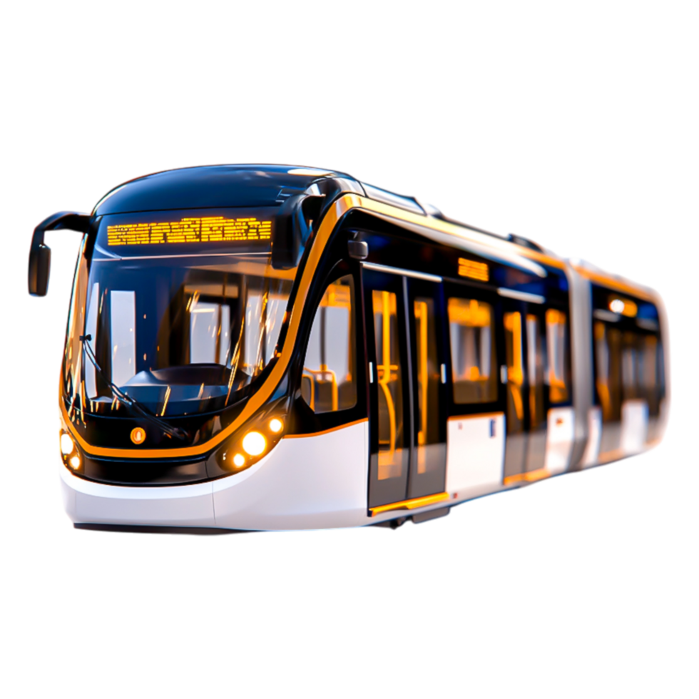 Modern Light Rail Tram in Urban City Landscape During Sunset png