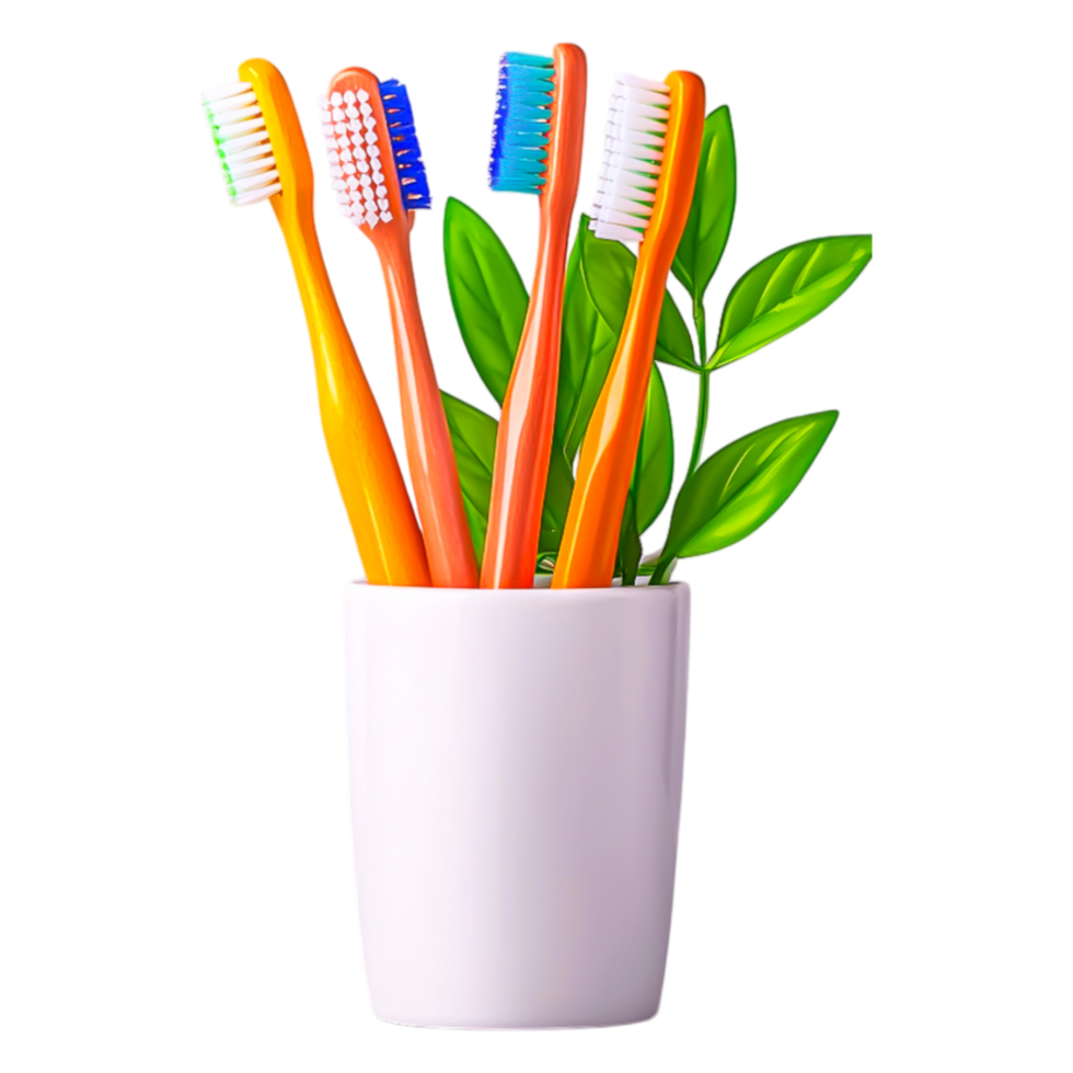 Colorful Toothbrushes in White Pot with Green Leaves on png