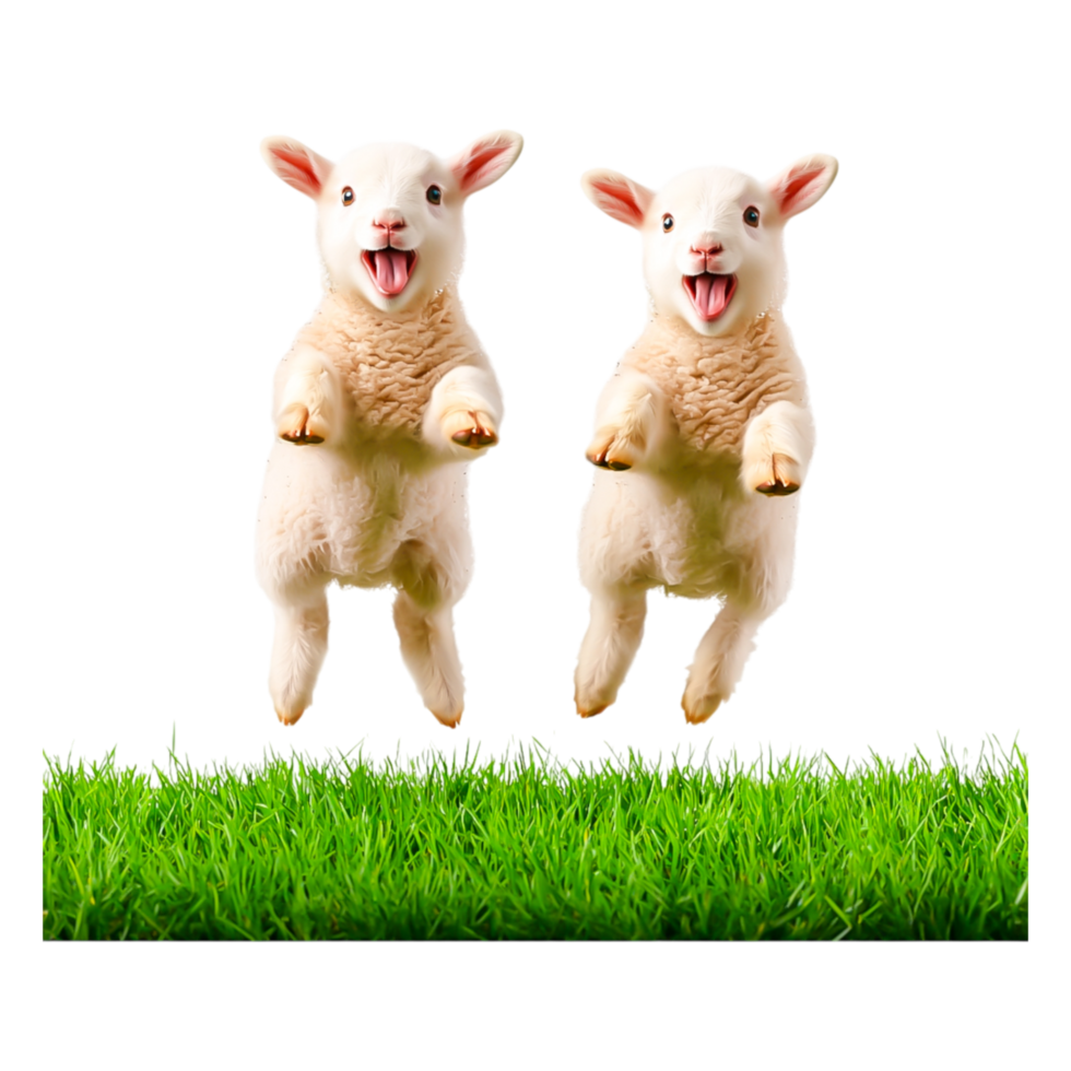 Playful Lambs Jumping on Green Grass in a Farm Setting png