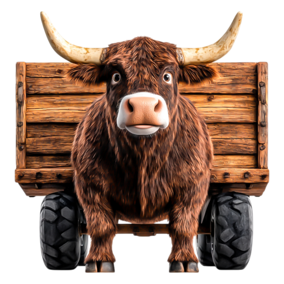 Realistic Brown Bull on Wooden Cart with Large Wheels and Horns png