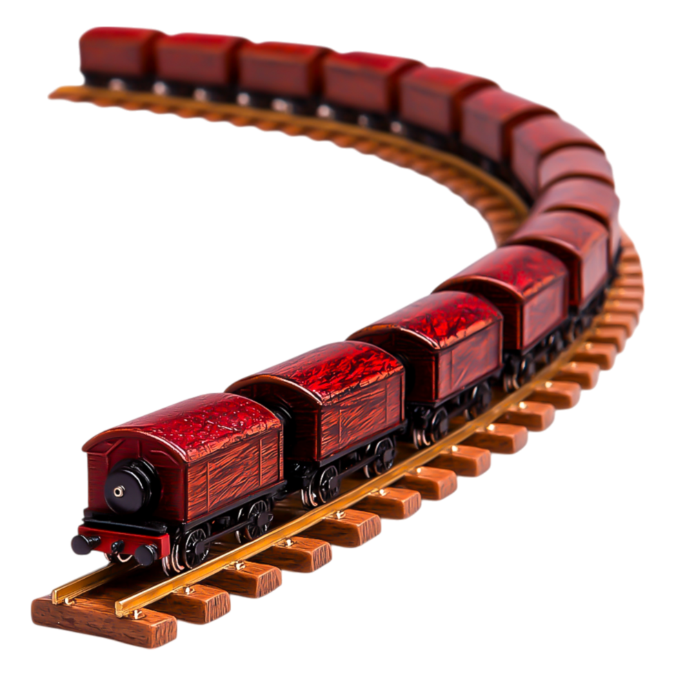 Colorful Wooden Toy Train Curving Along Tracks in a Playroom png
