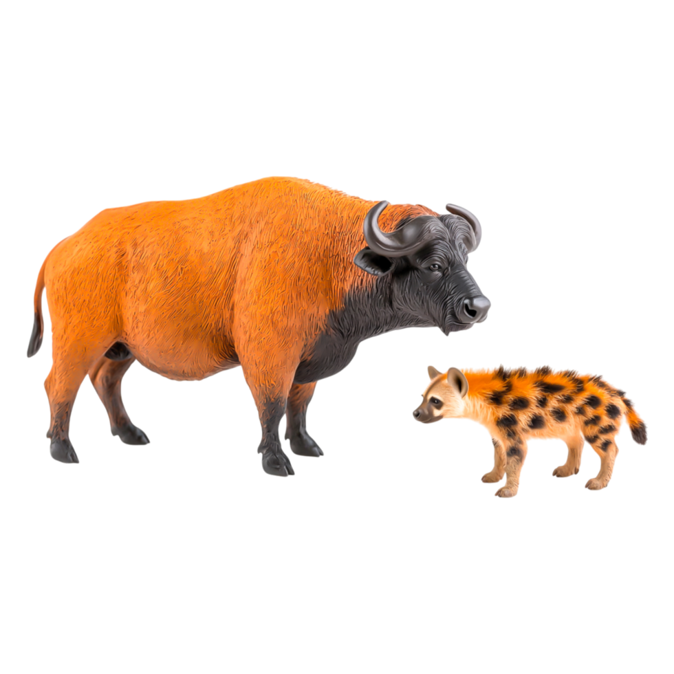 Realistic Figurine of Water Buffalo and Spotted Hyena Together png