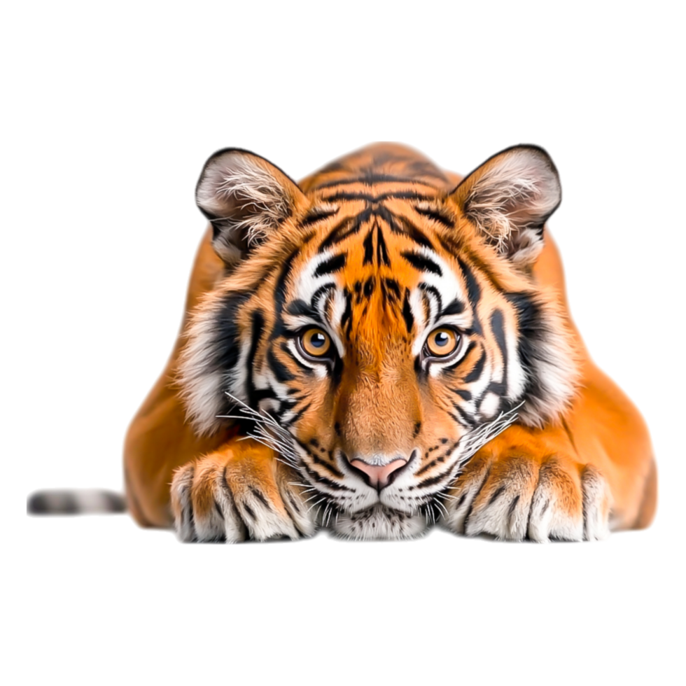 Majestic Tiger Lying in Ambush with Intense Gaze and Striking Colors png