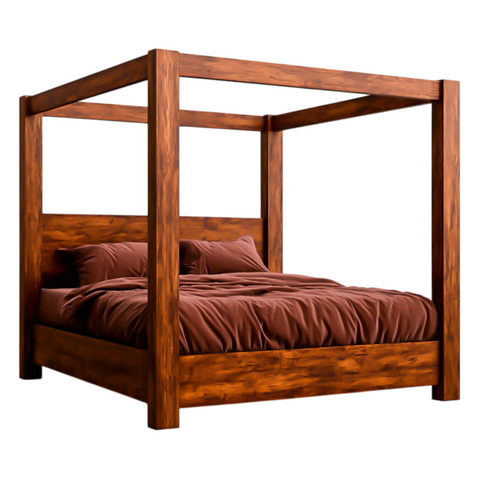 Elegant Wooden Canopy Bed with Brown Bedding and Cozy Design png