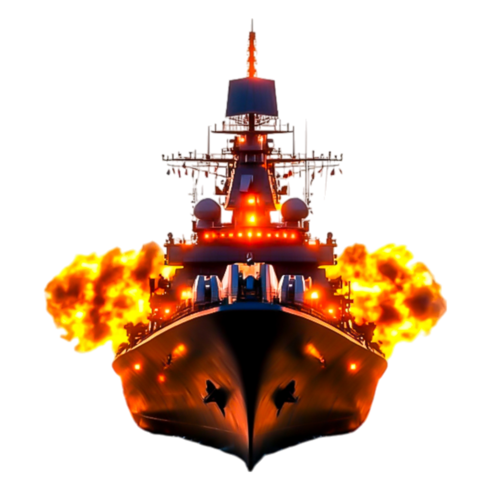 Explosive Naval Battle Scene with Flames and Warship in Action png
