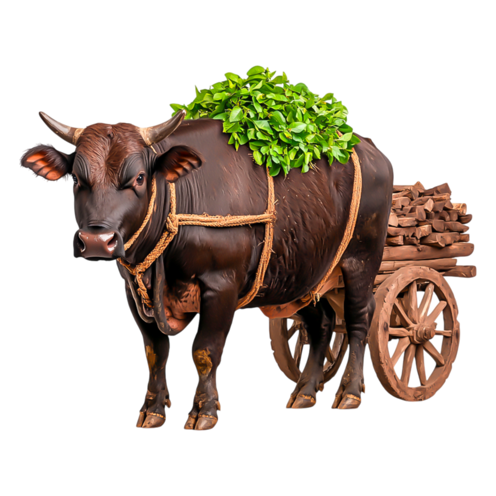 Brown Ox with Cart Loaded with Firewood and Fresh Green Leaves png