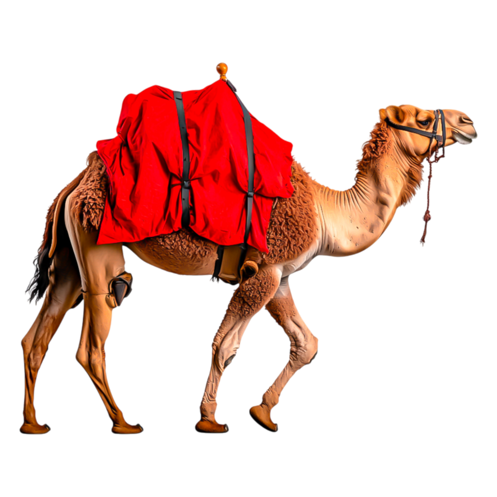 Camel with Bright Red Load Walking in Desert Landscape Scene png