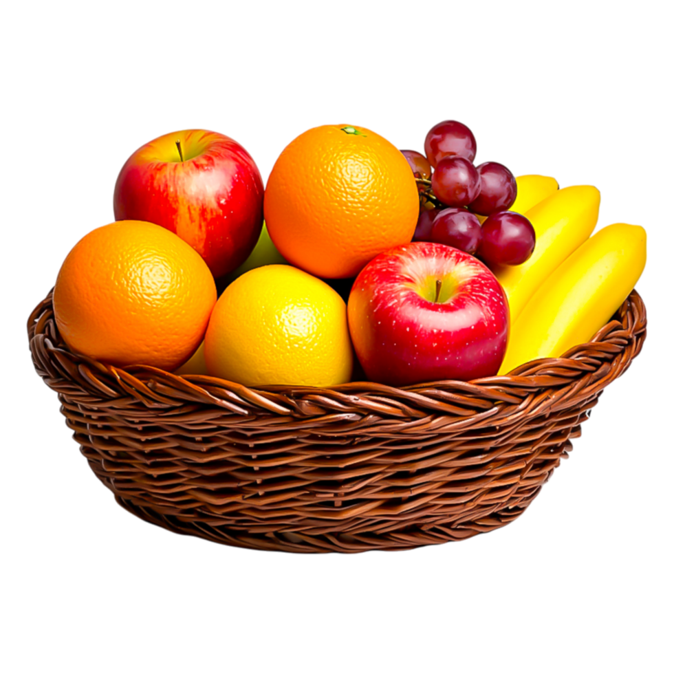 Fresh Fruit Basket with Apples, Oranges, Grapes, and Bananas png