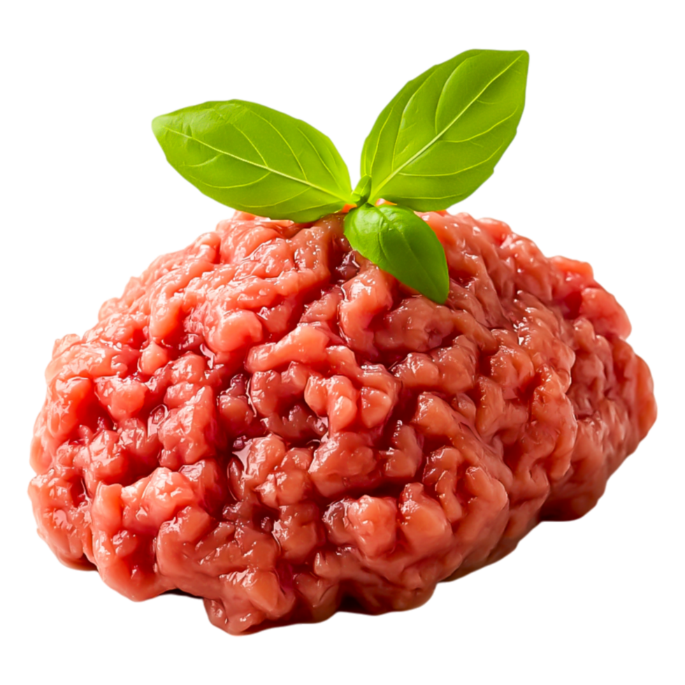 Fresh Ground Meat with Basil Leaves Isolated on png
