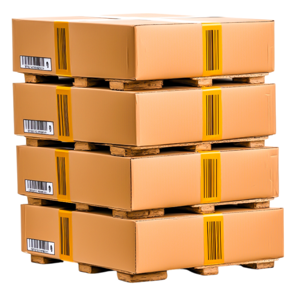 Stacked cardboard boxes on wooden pallets in a warehouse setting png