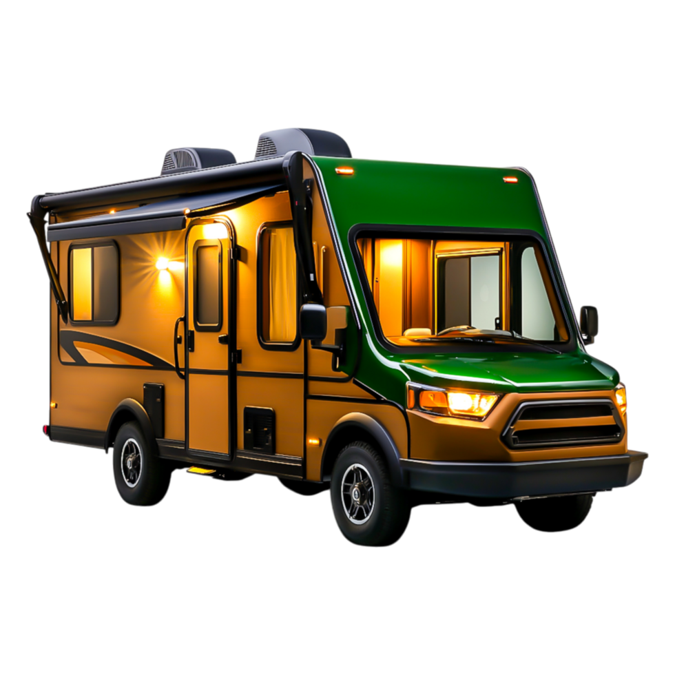 Bright Green and Orange Compact RV Camper with Extended Awning png