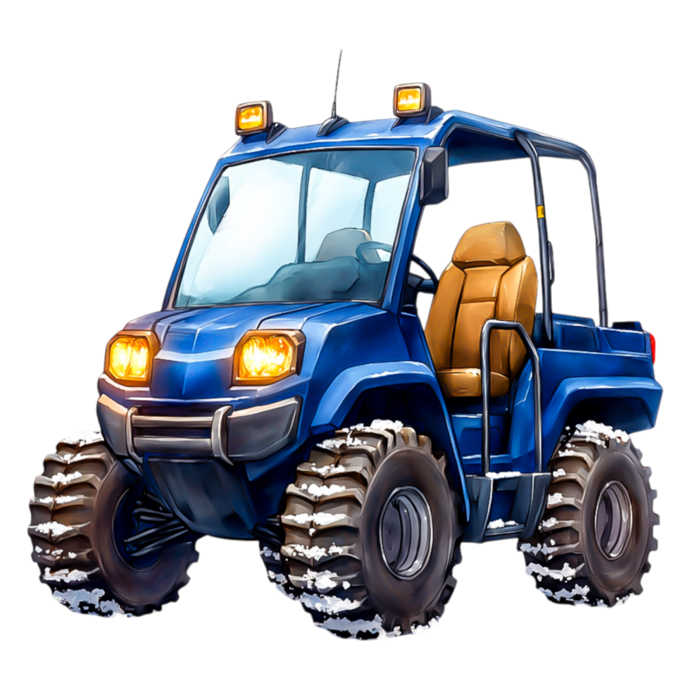 Blue All-Terrain Vehicle on Snowy Ground with Bright Headlights png