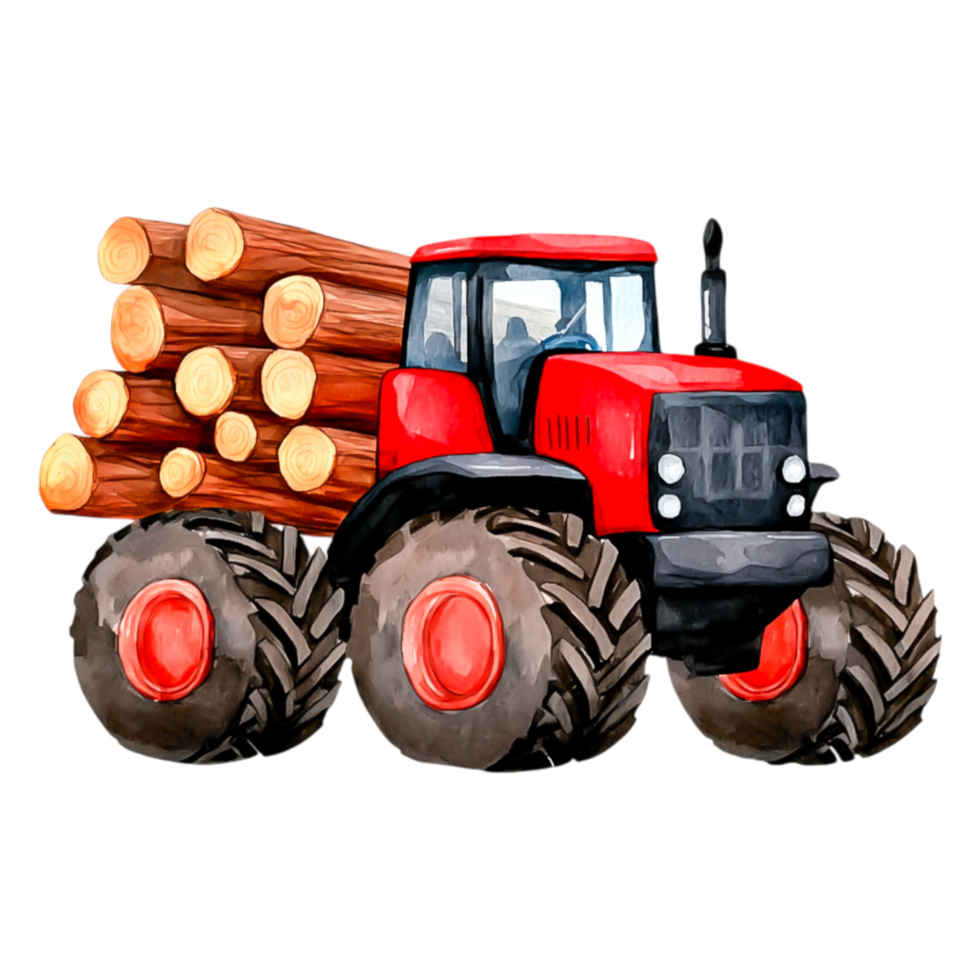 Red Tractor with Logs Watercolor Illustration on png
