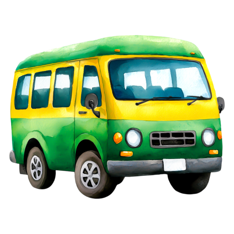 Colorful Cartoon Style Bus with Green and Yellow Design png