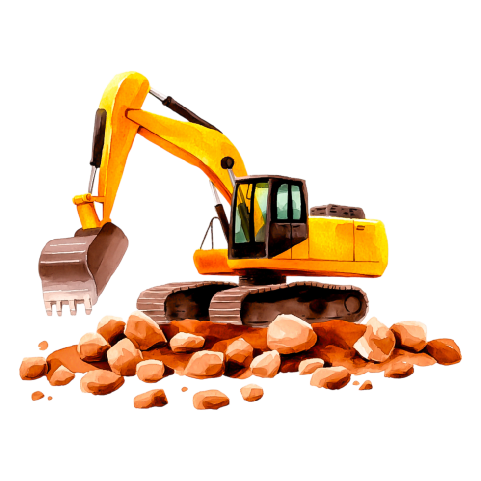Yellow Excavator Working on Construction Site with Rocks and Dirt png