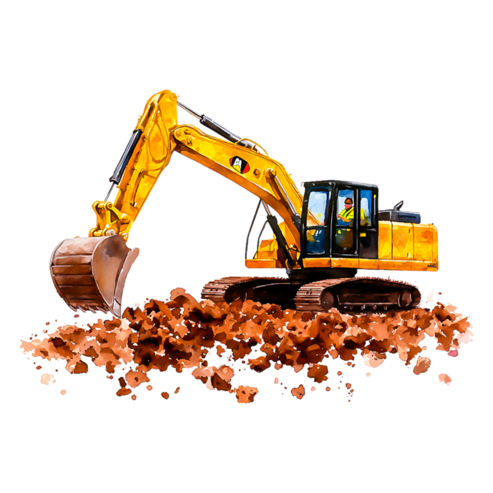 Excavator Working on Construction Site with Orange Soil and Dust png