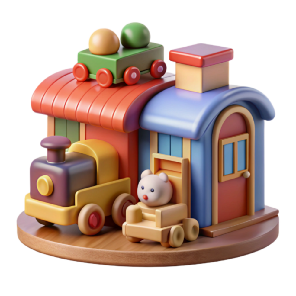 Playful Render of Wooden Toy Train and House, Adorable Cartoon Style png