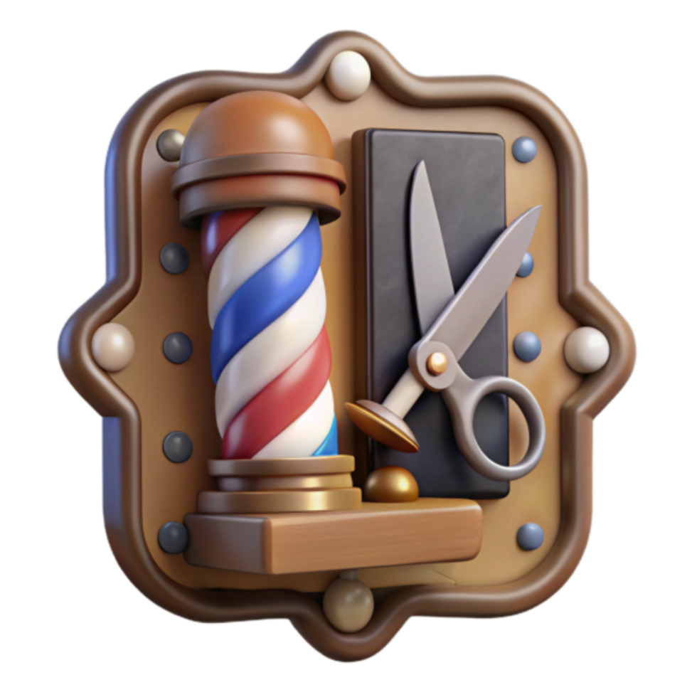 Render of Barbershop Pole, Scissors, and Straight Razor on Ornate Frame png