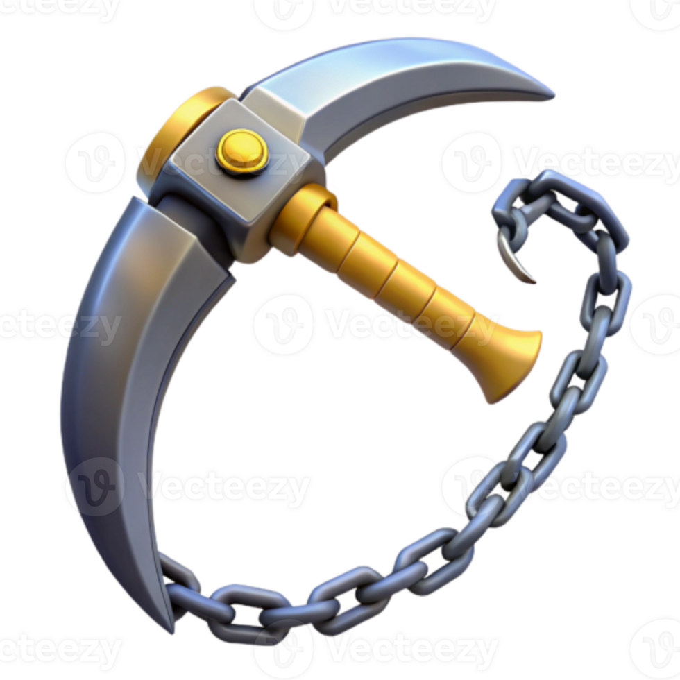 Render of a Crescent Shaped Weapon with Chain Game Asset, Fantasy Weapon, Curved Blade, Combat Tool png