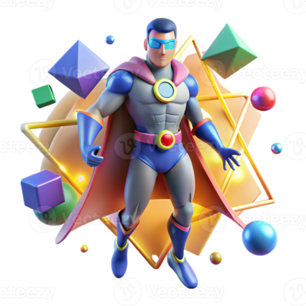 Cartoon Superhero Illustration with Geometric Abstract Background png