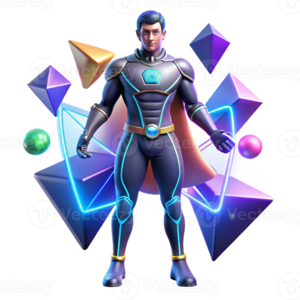 Superhero Render, Futuristic Costume, Geometric Background, Vibrant Colors, Dynamic Pose, Powerful Figure, Abstract Shapes, Neon Accents, Stylized Character, Gaming Asset png