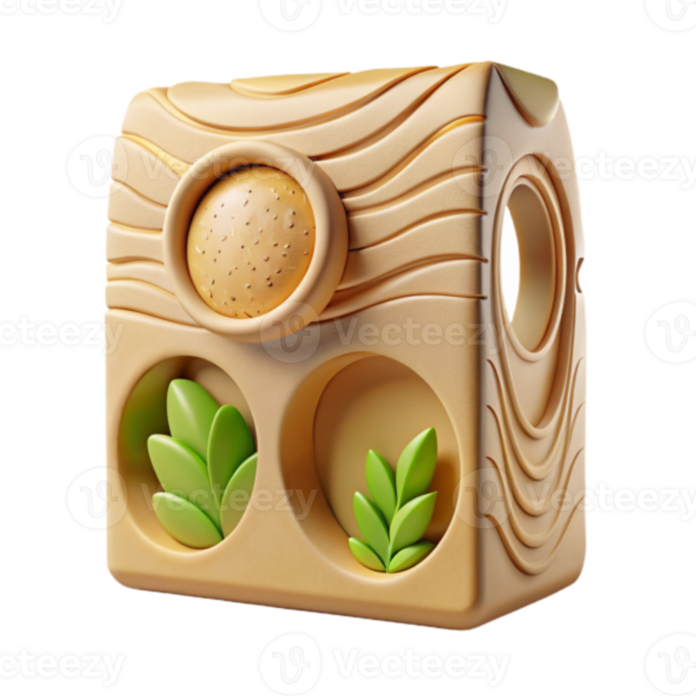 Render of Abstract Wooden Block with Bun, Leaves, and Cutouts png