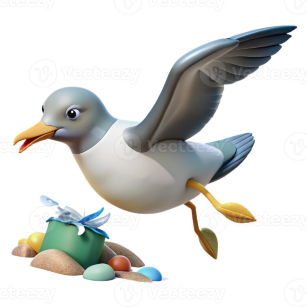 Playful Seagull Illustration, Beach Scene with Colorful Trash png