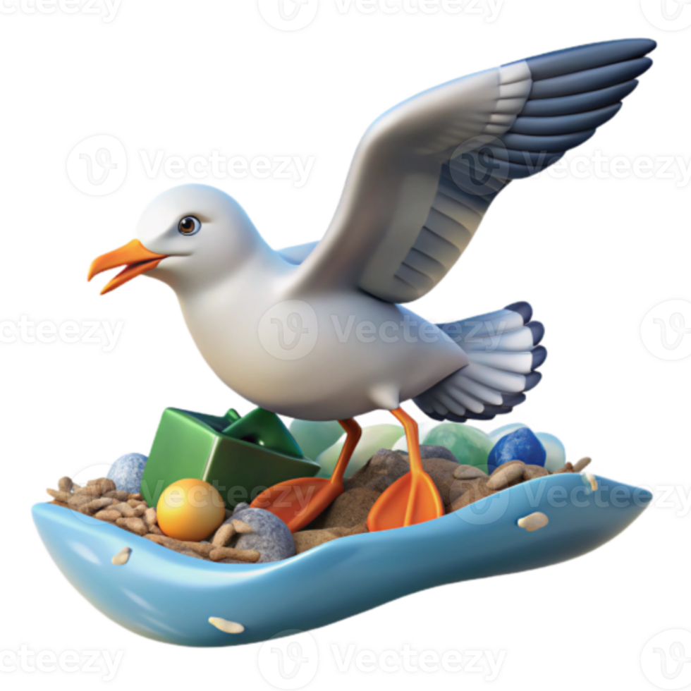 Illustration of a Cute Seagull on a Beach with Treasures png