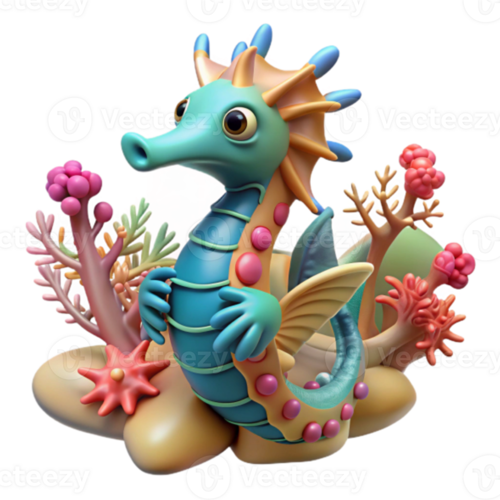 Adorable Seahorse Illustration in Vibrant Coral Reef Setting png