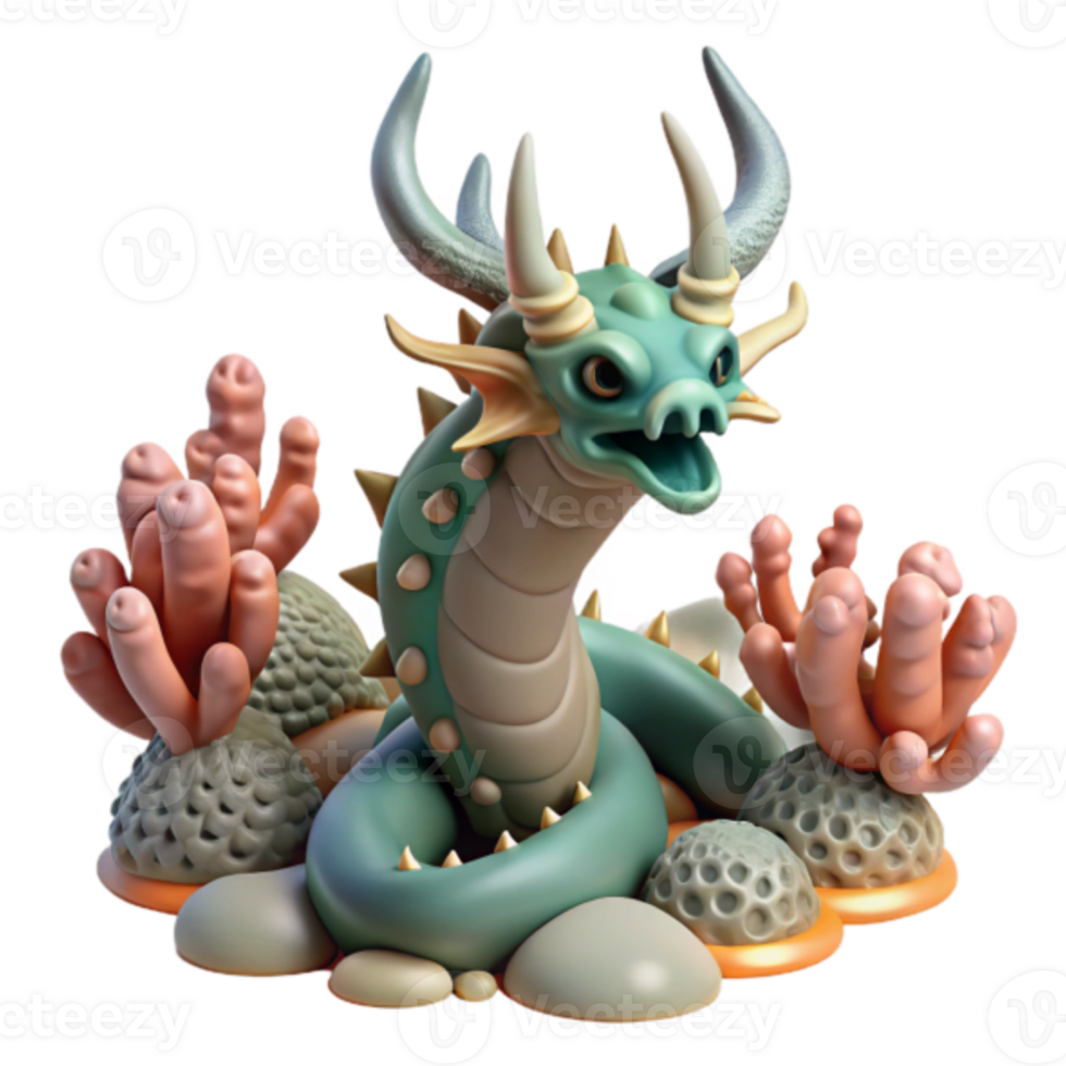 Render of a Mythical Sea Dragon Amidst Coral Reef png