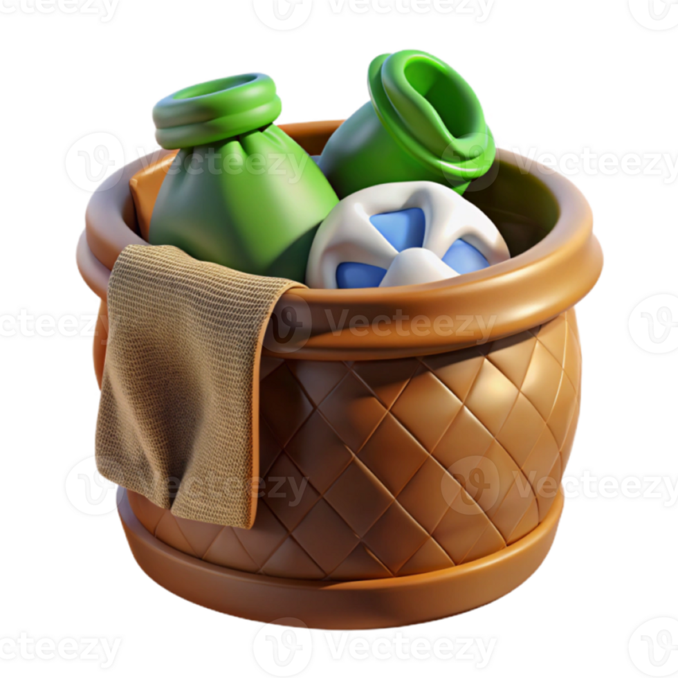 Render of a Wicker Basket with Green Bottles and Cloth png
