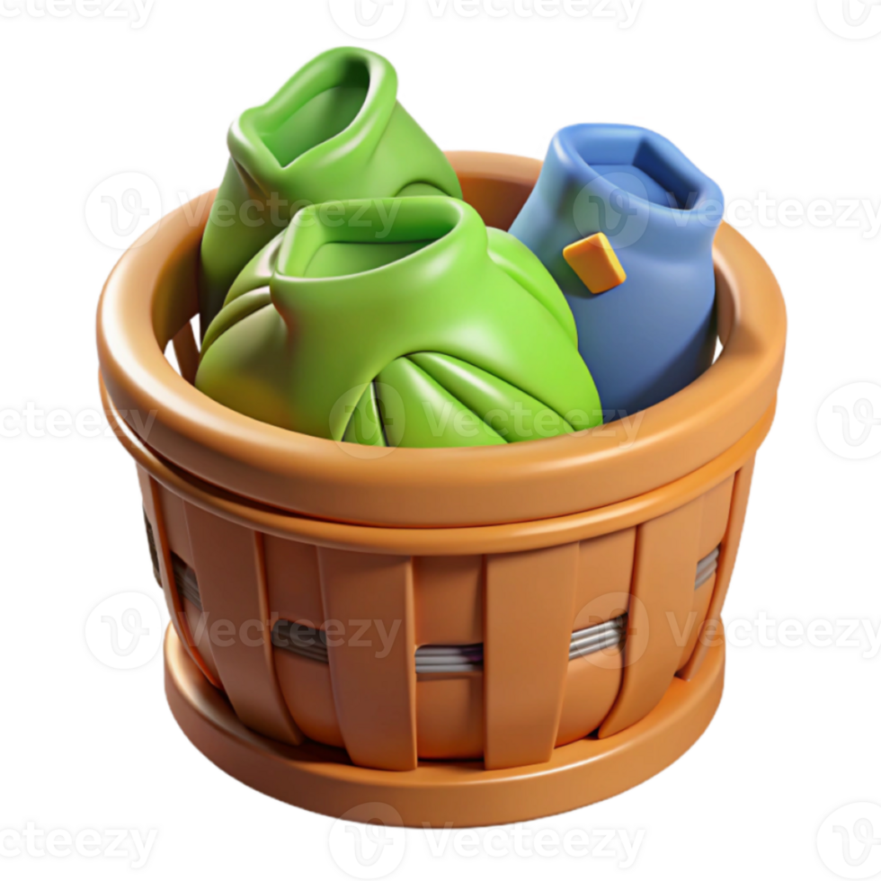 Cartoon Render of Colorful Objects in Wooden Basket png