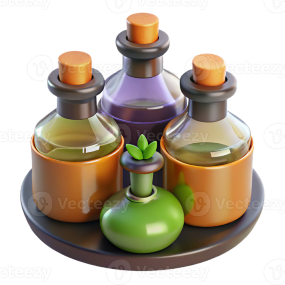 Render of Essential Oils Bottles on Tray - Aromatic Herbal Wellness Illustration png