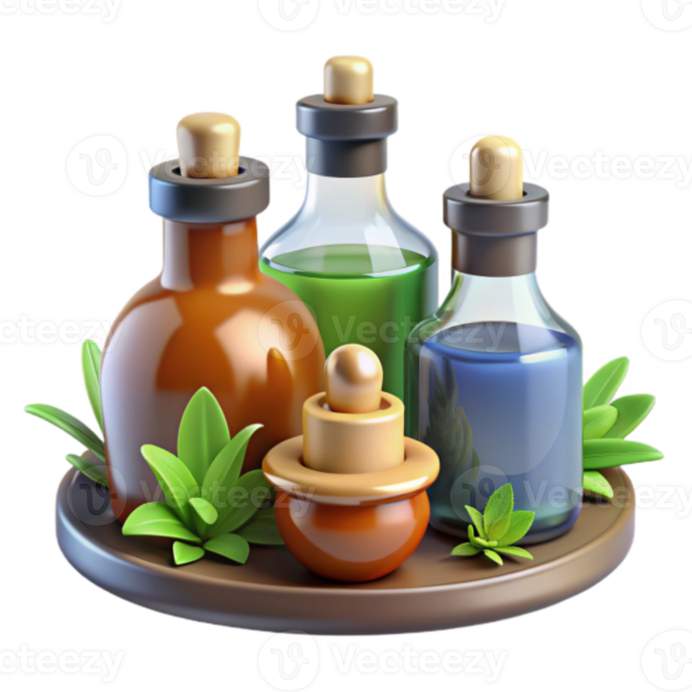 Illustration of Aromatic Essential Oils Bottles on a Tray with Herbs png