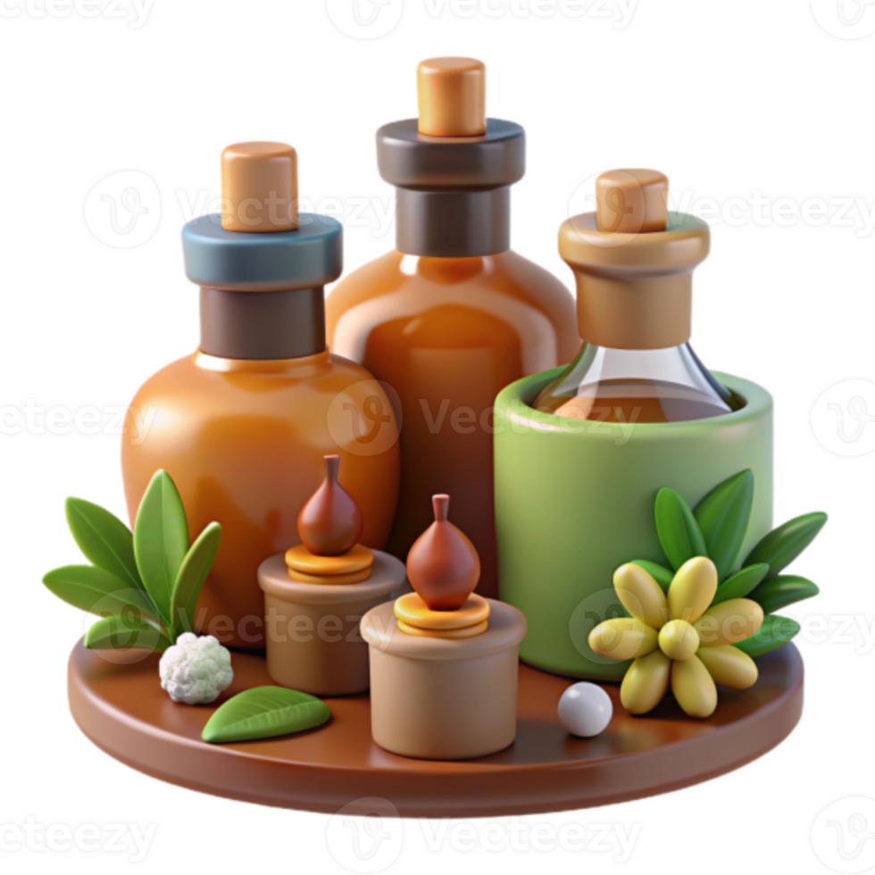 Render of Aromatic Oils Bottles and Herbal Elements on Wooden Tray png