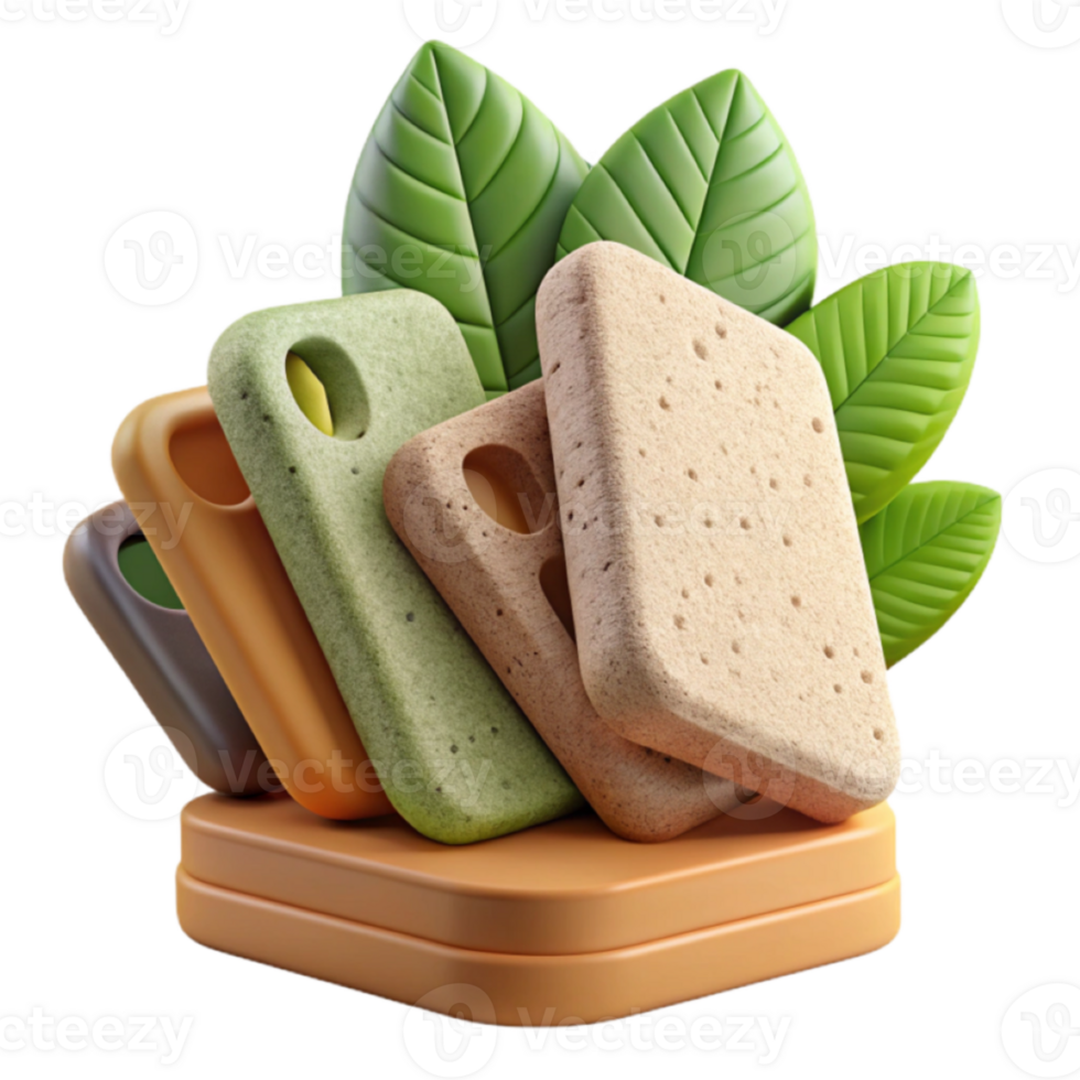 Render of Abstract Stacked Colorful Stone Tablets with Green Leaves png
