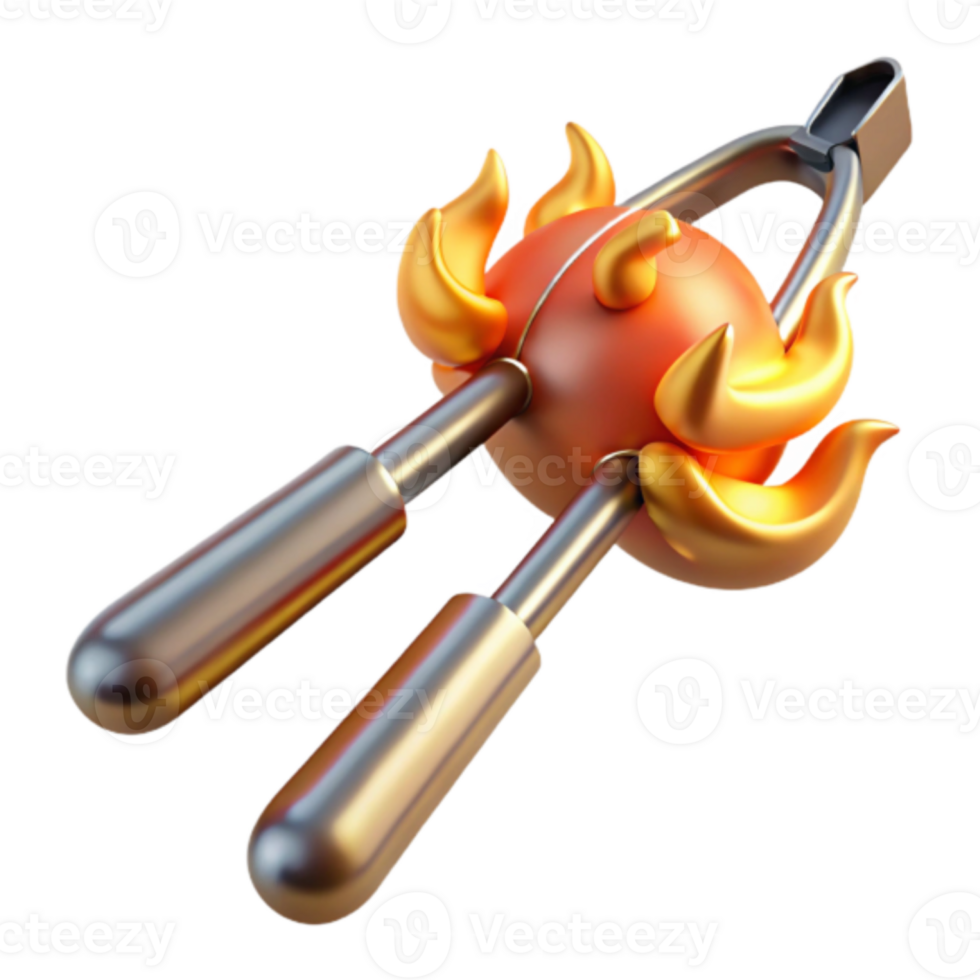 Fiery Orb Render A Dynamic Illustration of a Flaming Spherical Object Held by Metallic Clamps png
