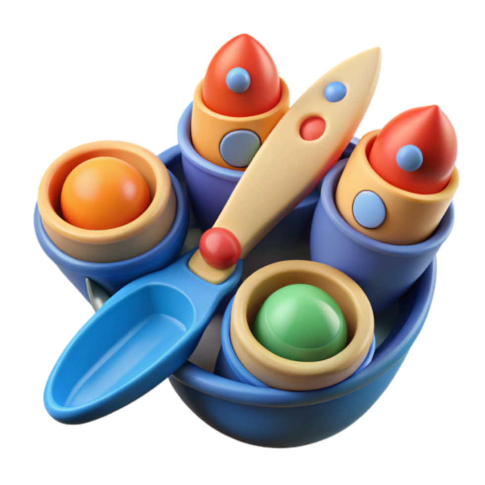 Colorful Render of Playful Toy Set Rockets, Balls, and Spoon in Bowl png