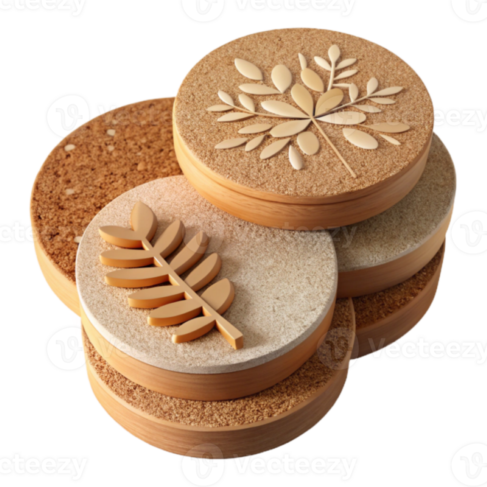 Golden Leaf Branch on Stacked Wooden Circles Illustration png