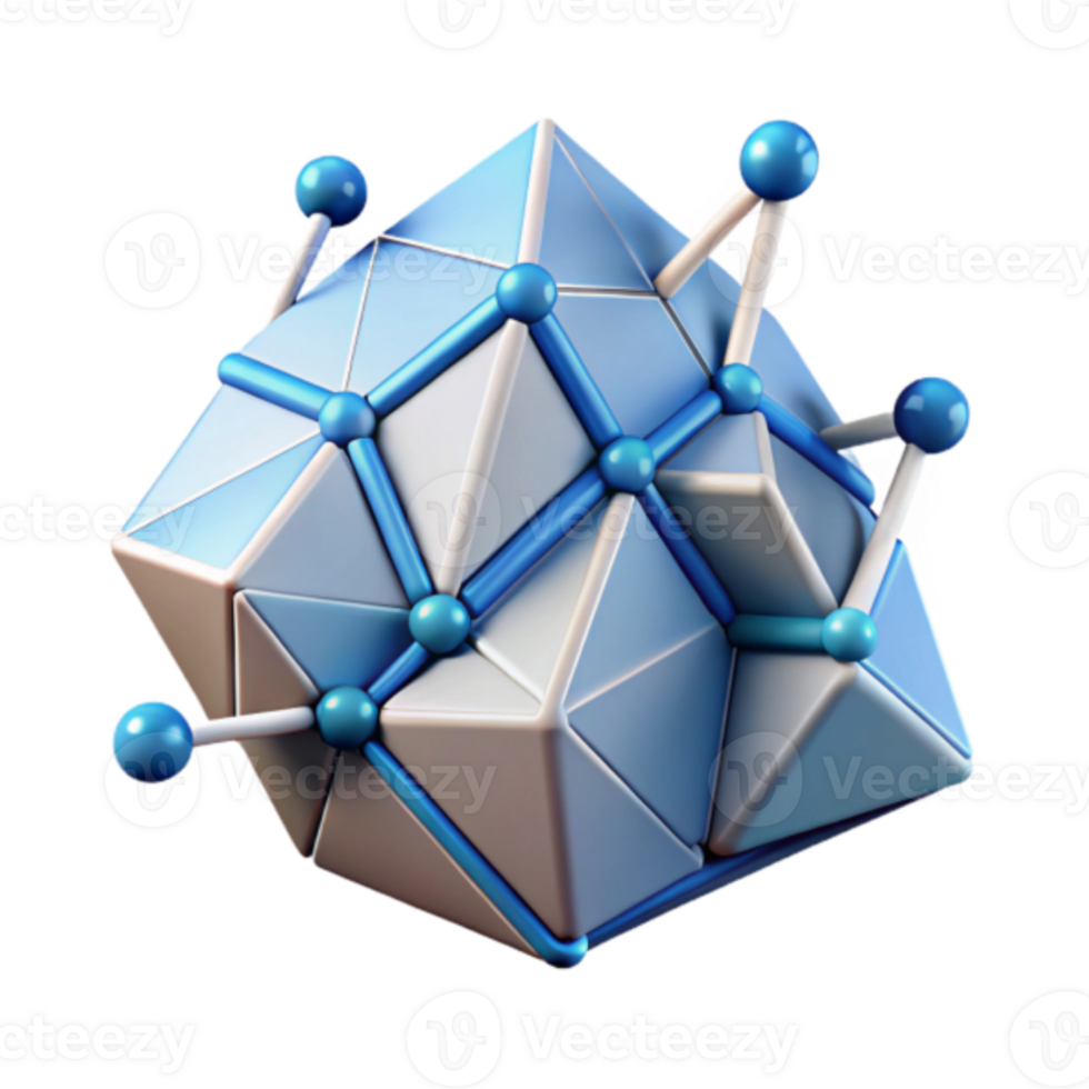 Abstract Render of a Geometric Structure with Blue and White Polygons and Spheres png