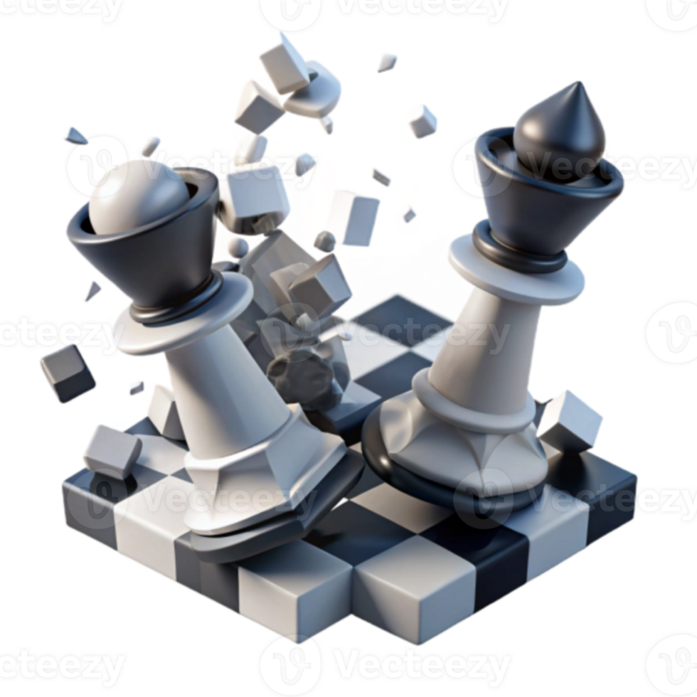 Render of Chess Game Destruction, Strategy, Competition, Victory, Defeat, Checkmate, Power, Conflict, Chess Pieces, Shattered Chessboard png