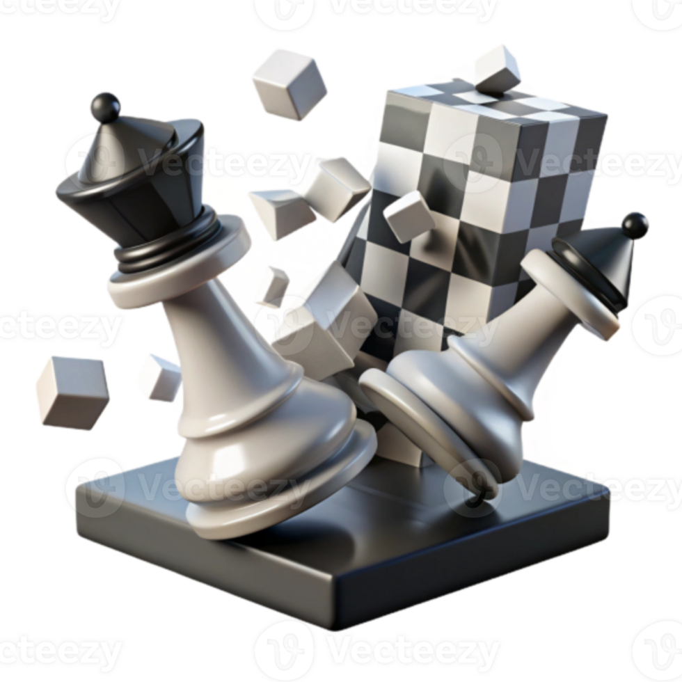 Render of Crumbling Chessboard with Falling Pieces Dynamic Strategy Game Illustration png