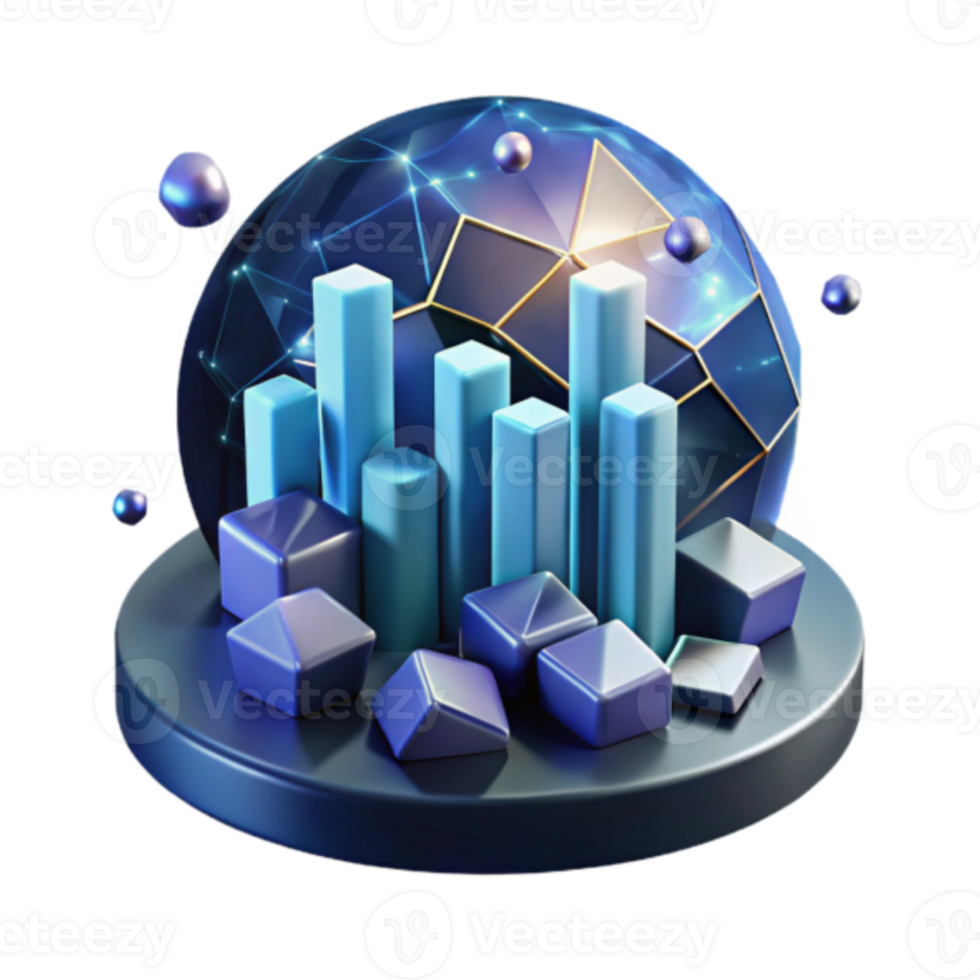 Abstract Render Global Data Visualization Blue Cubes and Bars Chart Illustration png